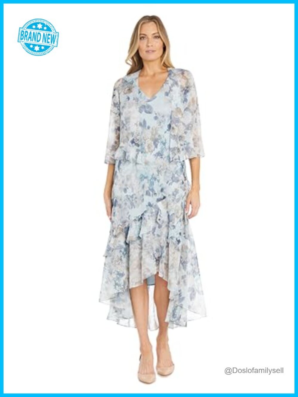 R&M Richards Floral Chiffon High-Low Ruffle Dress Set with Sheer Jacket 2 Piece